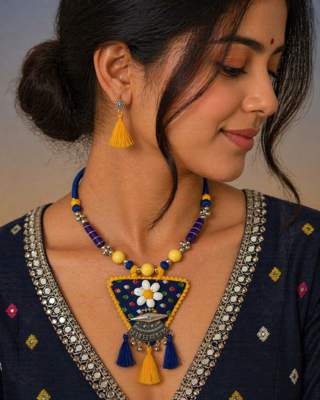 Bohemian Tassel Statement Necklace Set in Blue & Yellow