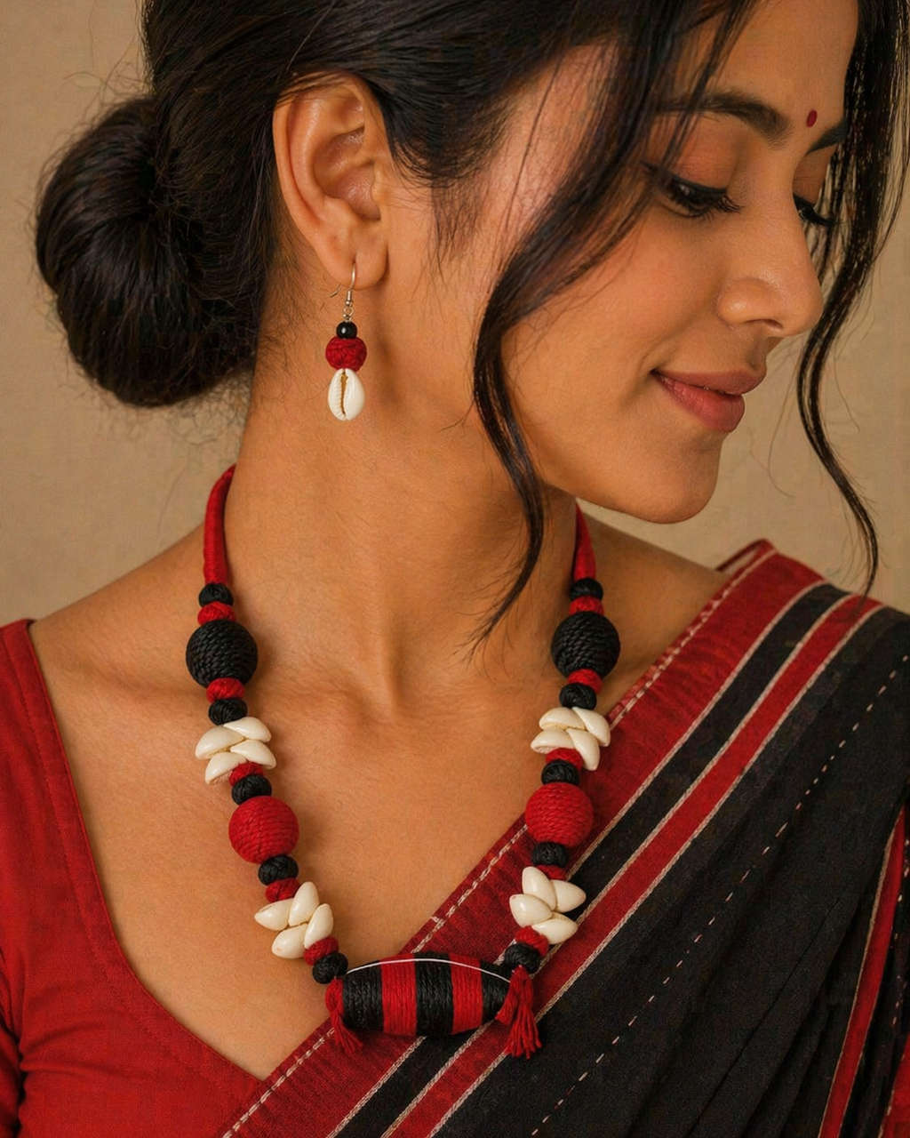 Red & Black Tribal Beaded Necklace Set