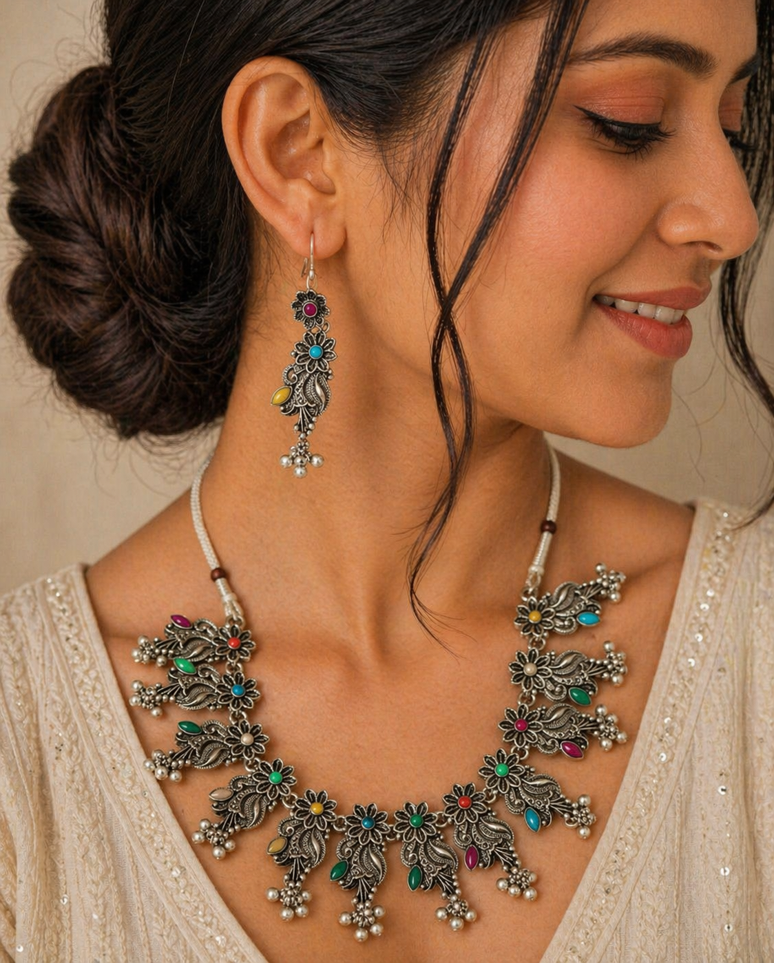Multicolour Floral Oxidised Statement Necklace Set