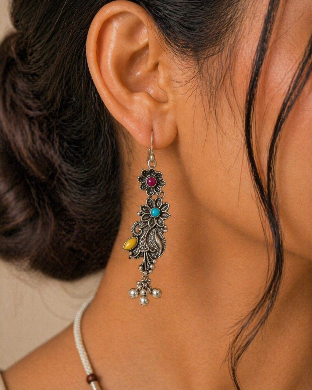 Multicolour Floral Oxidised Statement Necklace Set