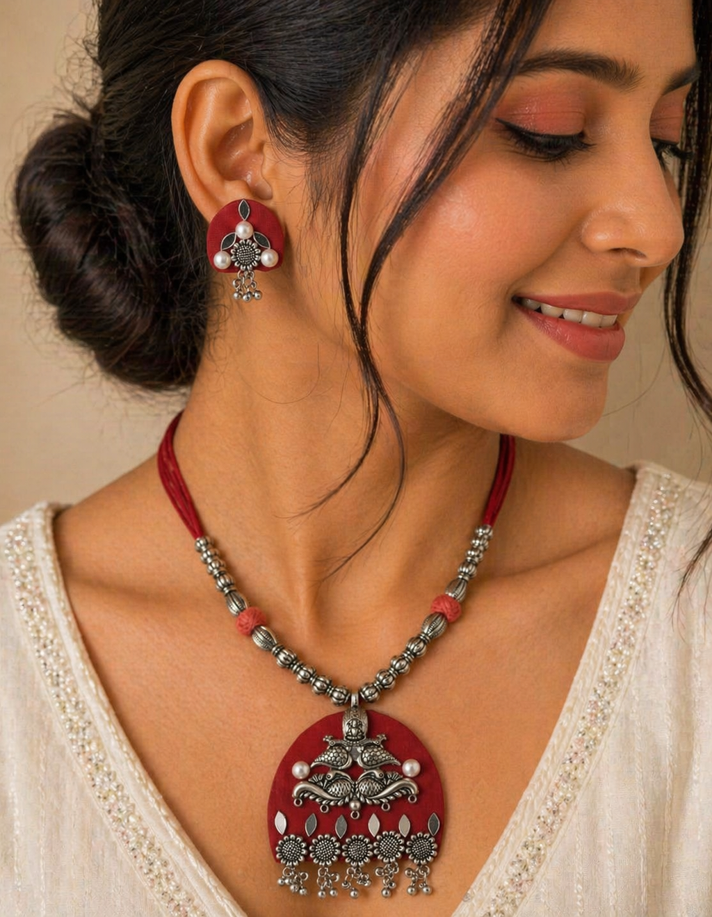 Red Statement Pendant Necklace with Traditional Motifs