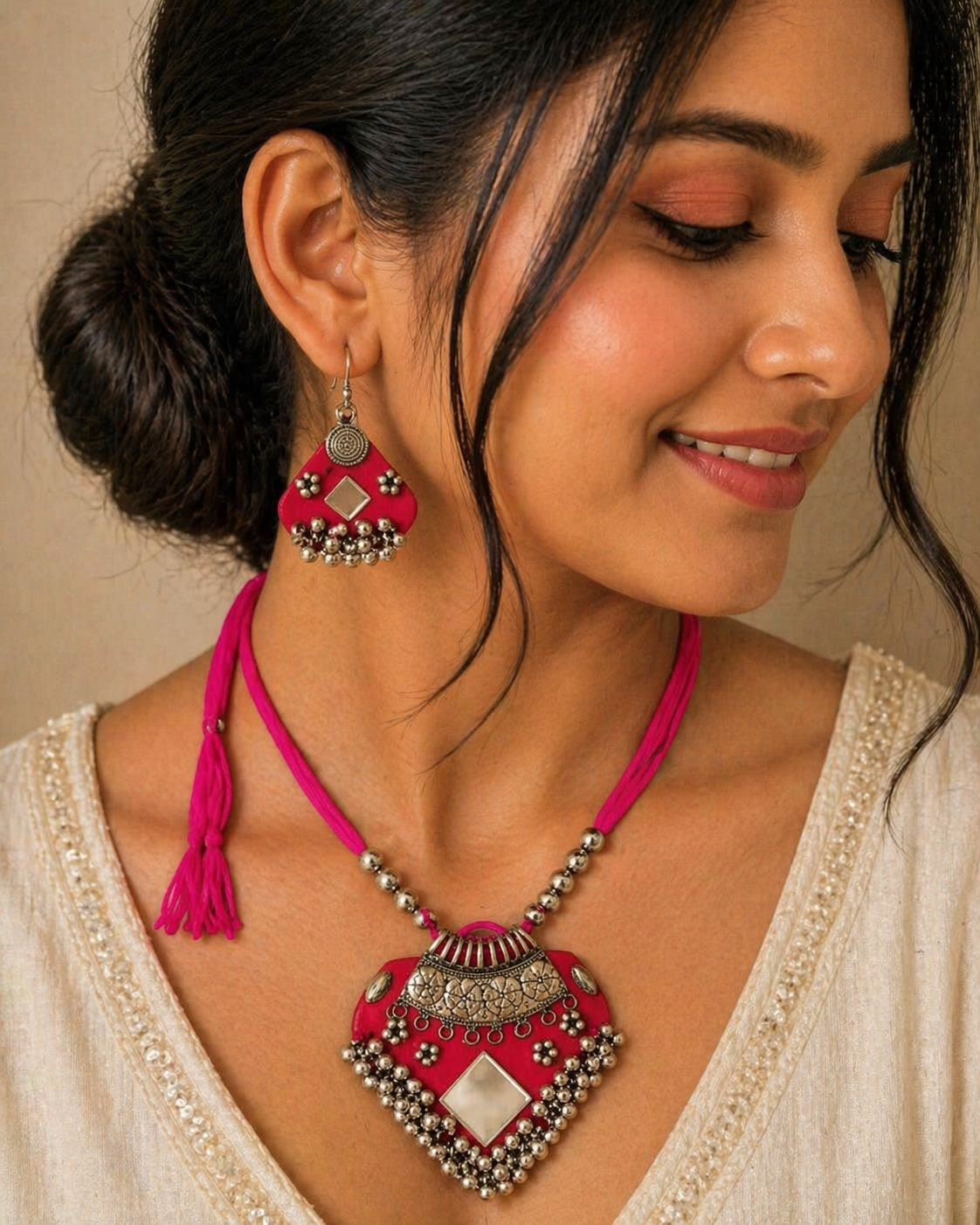 Pink Statement Necklace Set with Mirror Detailing