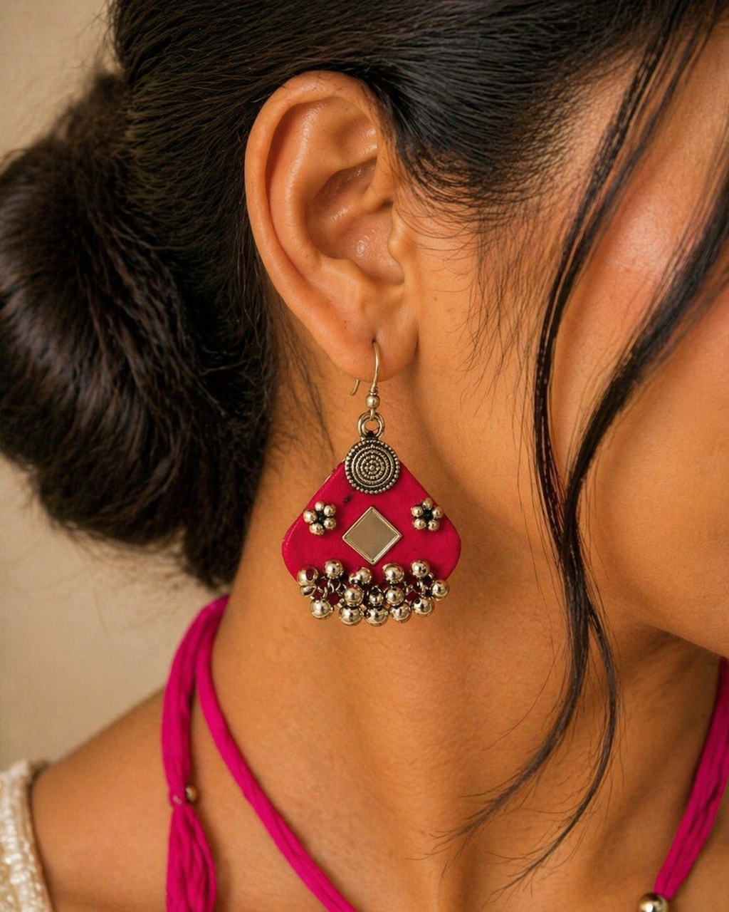 Pink Statement Necklace Set with Mirror Detailing