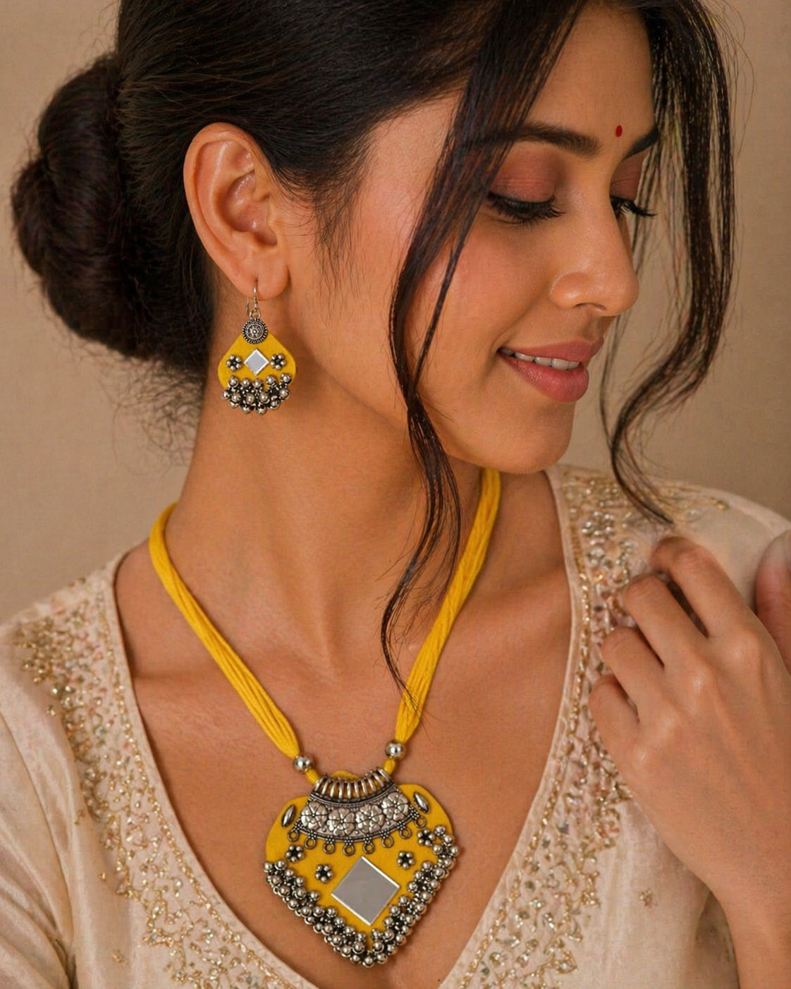 Yellow Statement Necklace Set with Mirror Accents