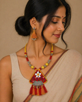 Vibrant Red Boho Pendant Necklace Set with Tassels