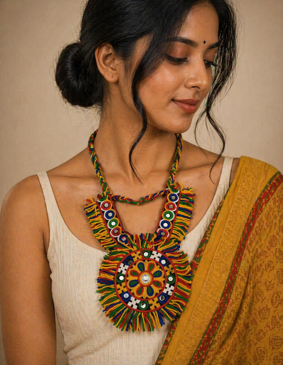 Vibrant Handwoven Statement Necklace with Mirror & Tassel Work