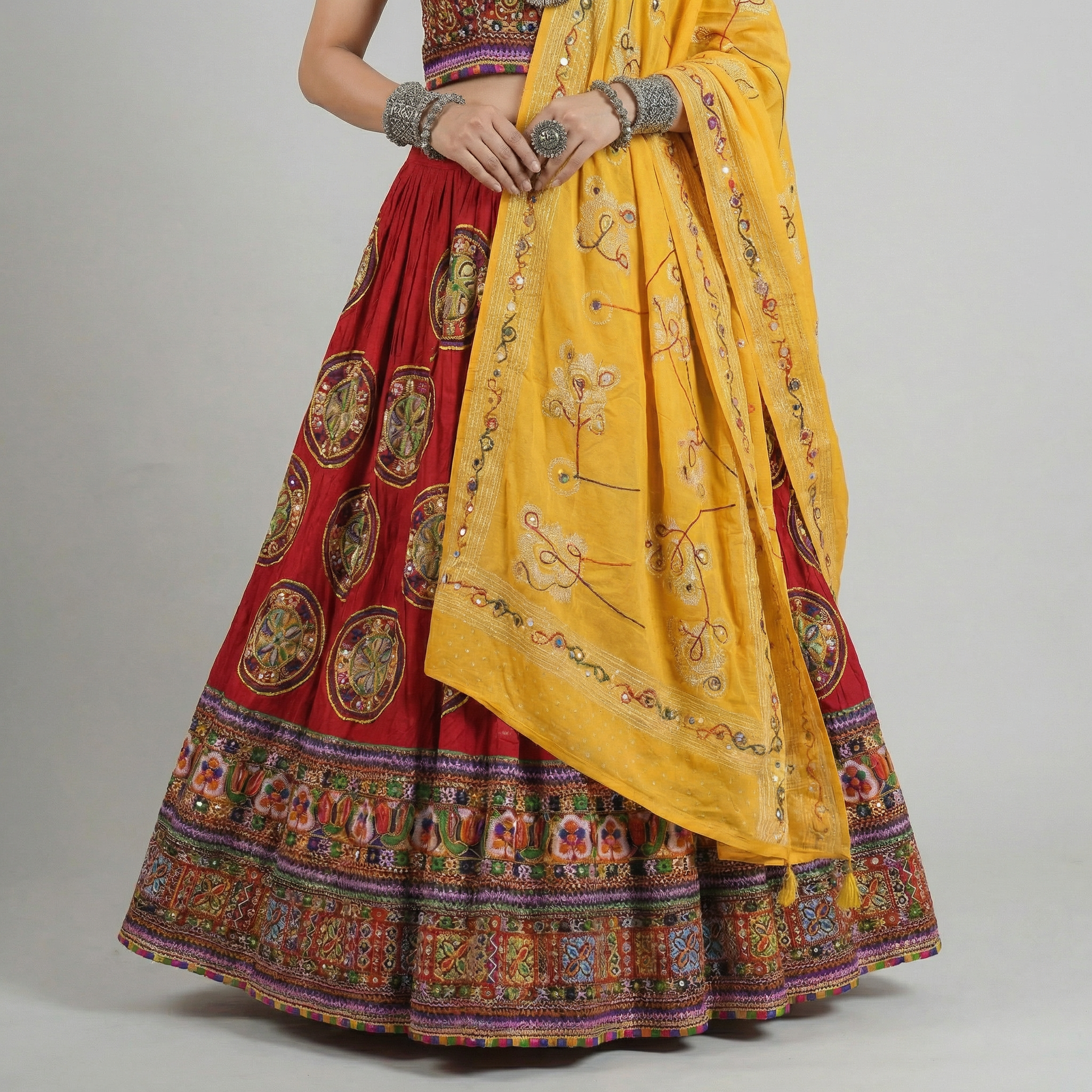 Red Kutchi Mirror Work Chaniya Choli Set with Mustard Dupatta