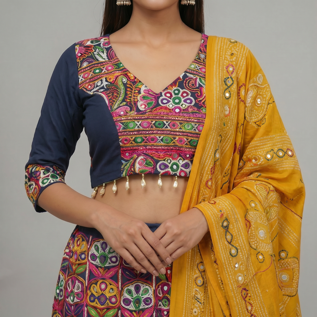 Navy & Mustard Printed Chaniya Choli Set