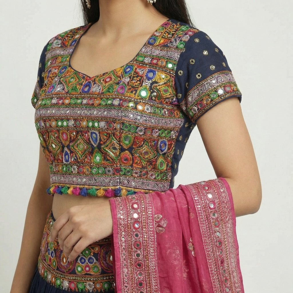 Navy Blue Sequin & Kutchi Mirror Work Chaniya Choli with Pink Dupatta
