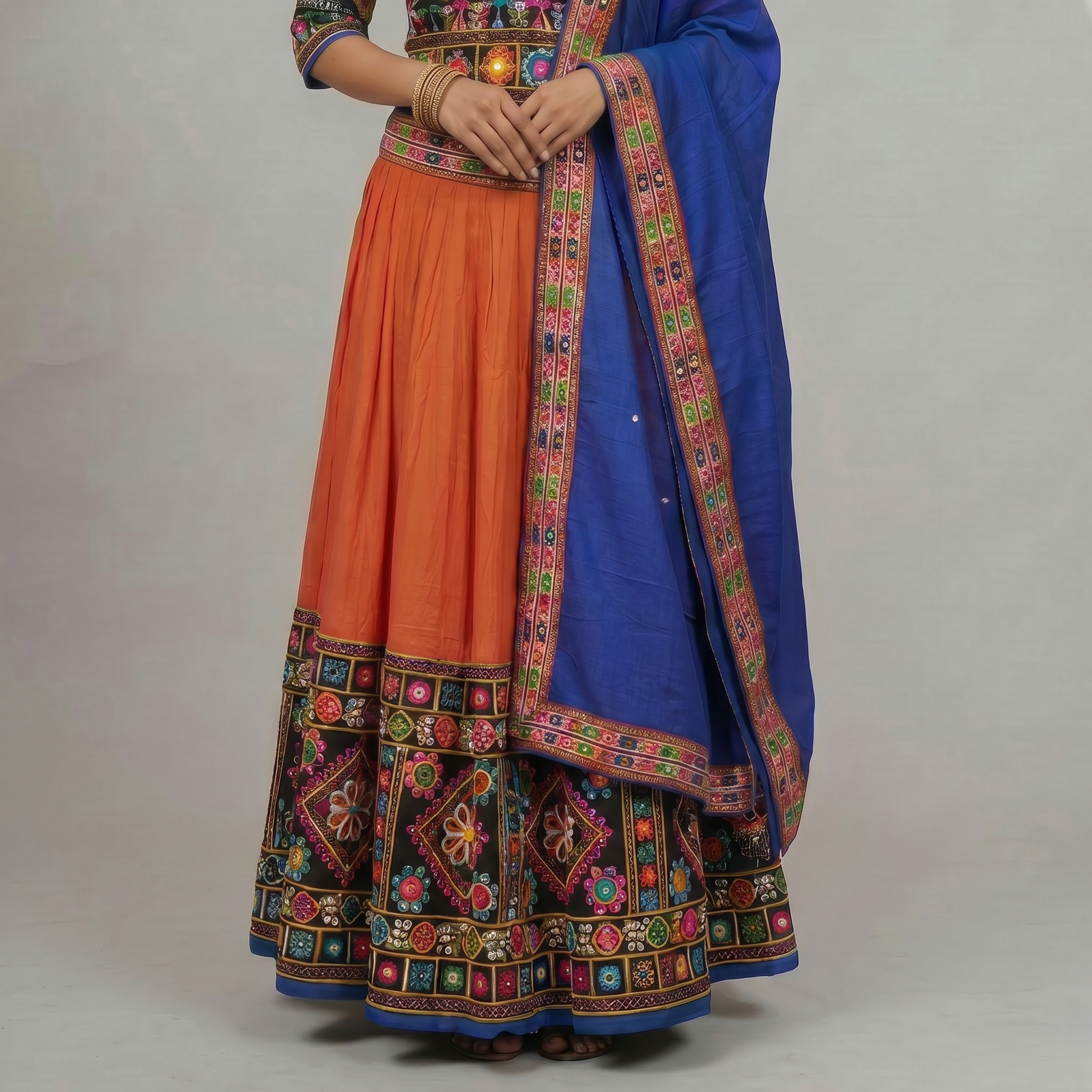 Multicolor Embroidered Chaniya Choli with Royal Blue Dupatta