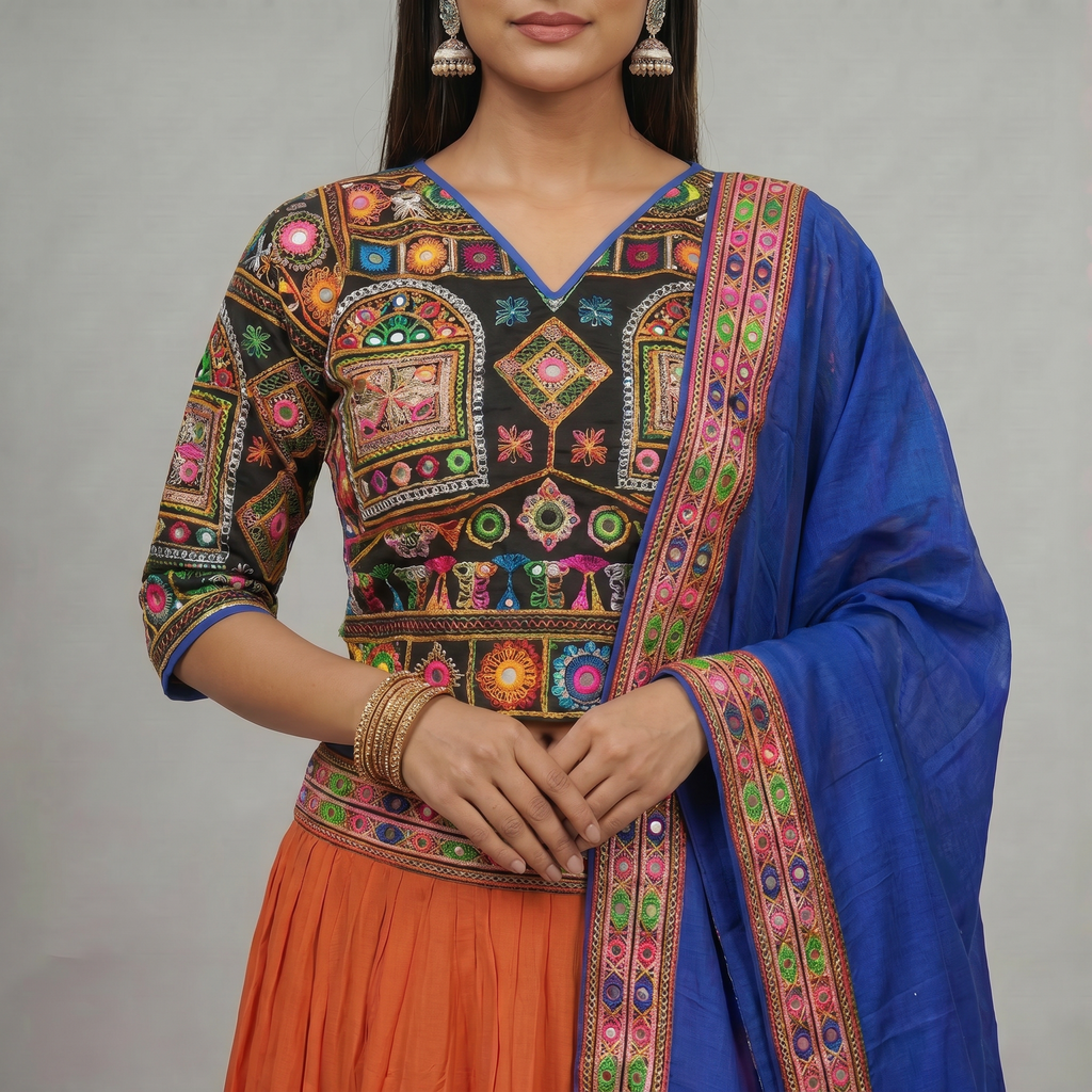 Multicolor Embroidered Chaniya Choli with Royal Blue Dupatta