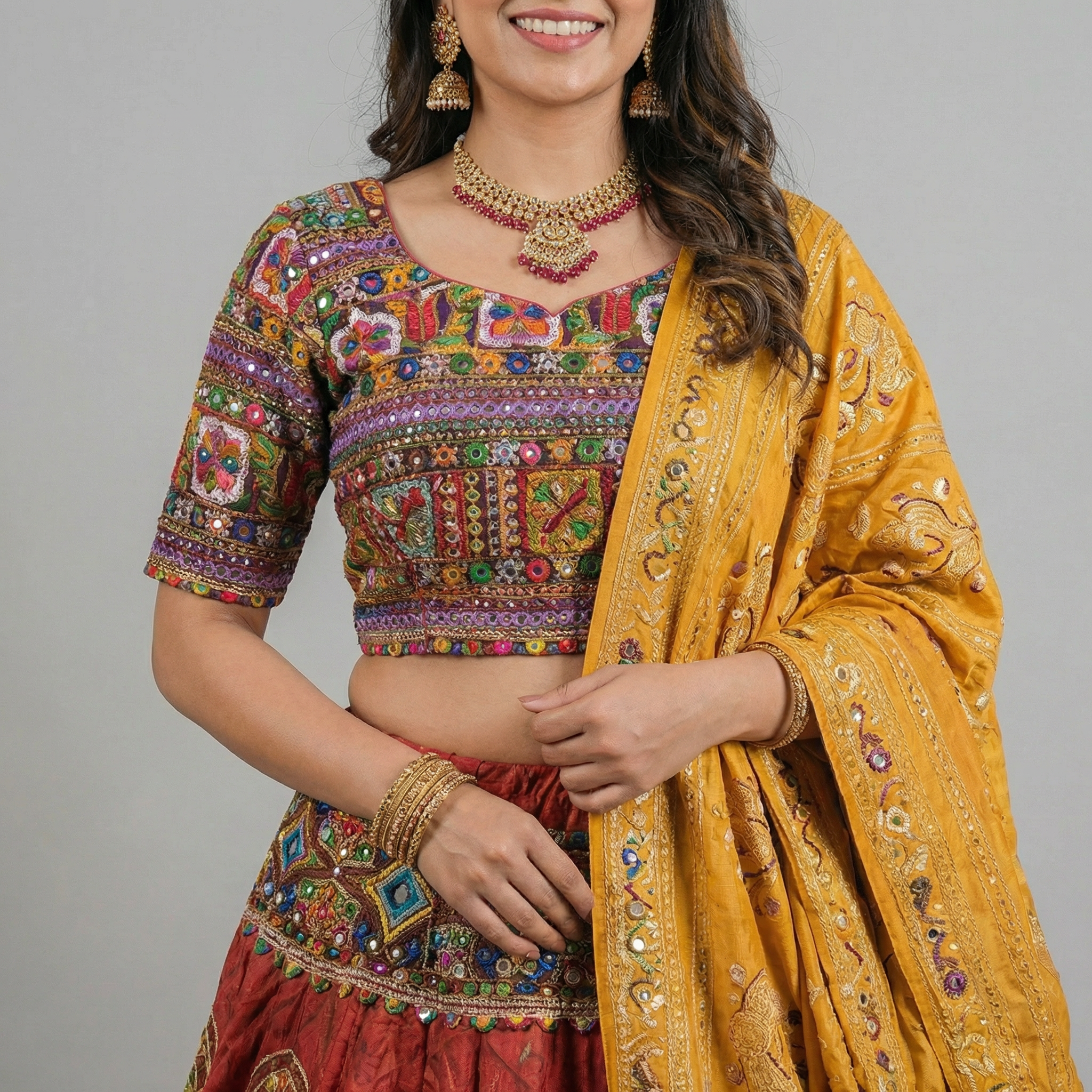 Red Kutchi Mirror Work Chaniya Choli Set with Mustard Dupatta