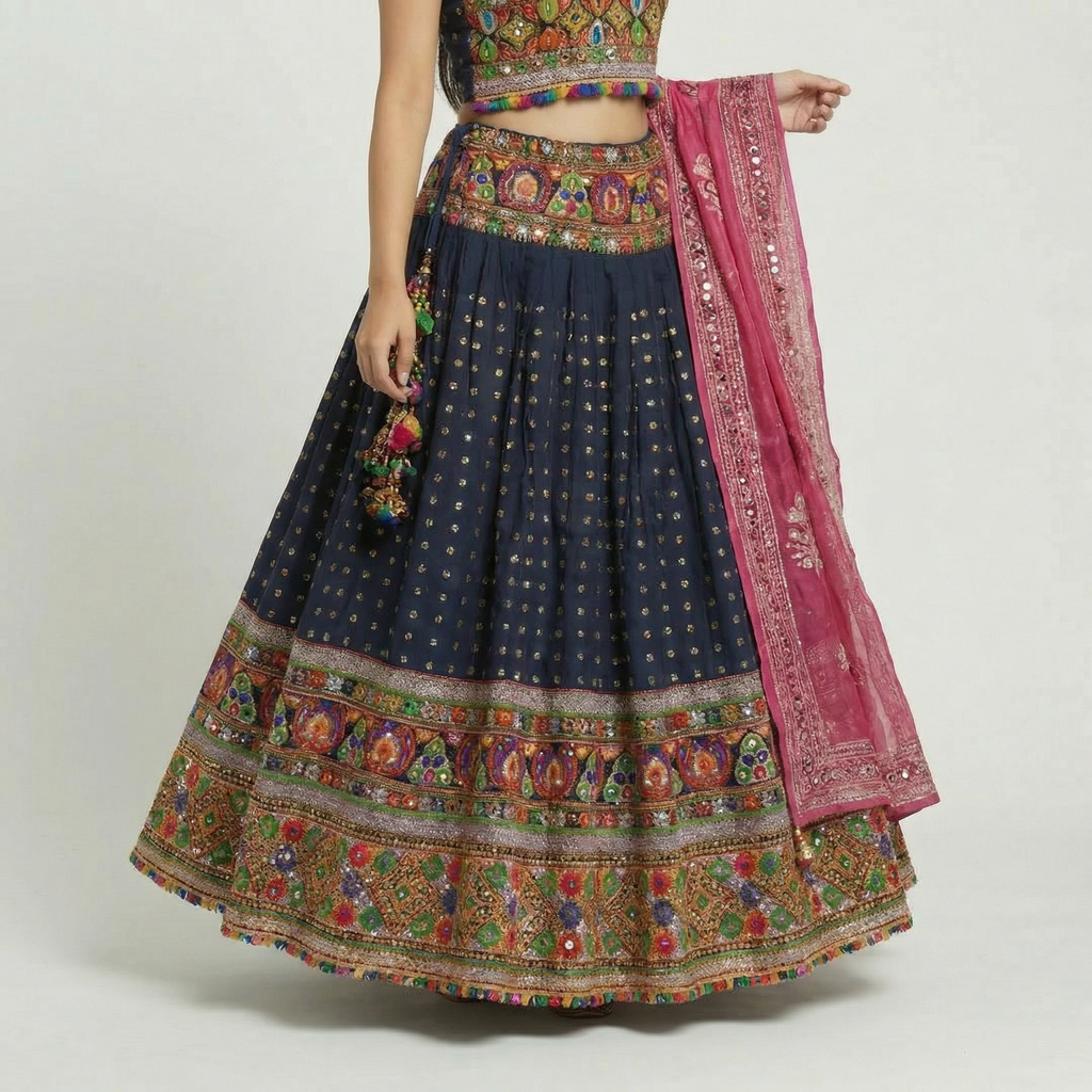 Navy Blue Sequin & Kutchi Mirror Work Chaniya Choli with Pink Dupatta