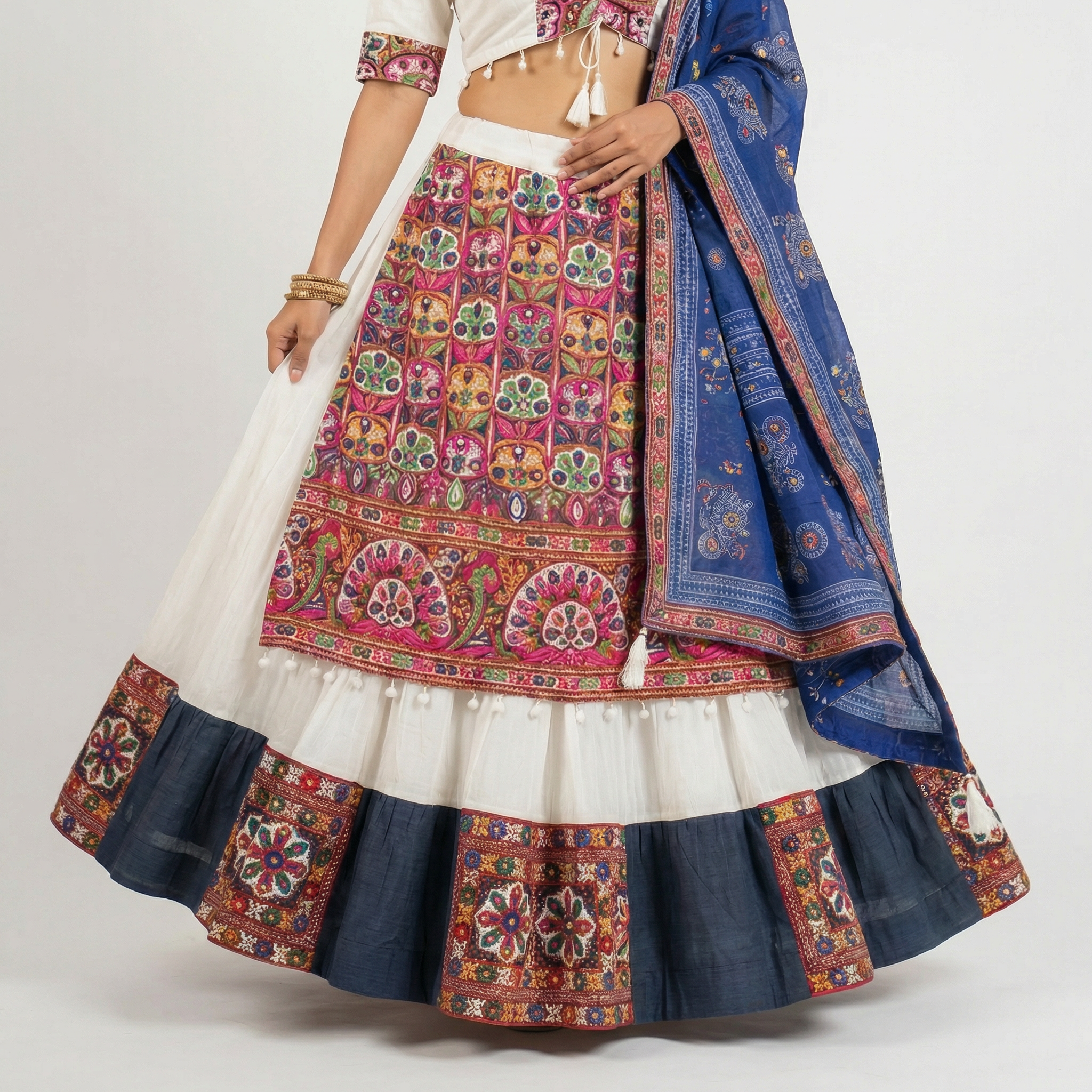 Vibrant Multicolor Embroidered Lehenga Choli with Navy Blue Dupatta