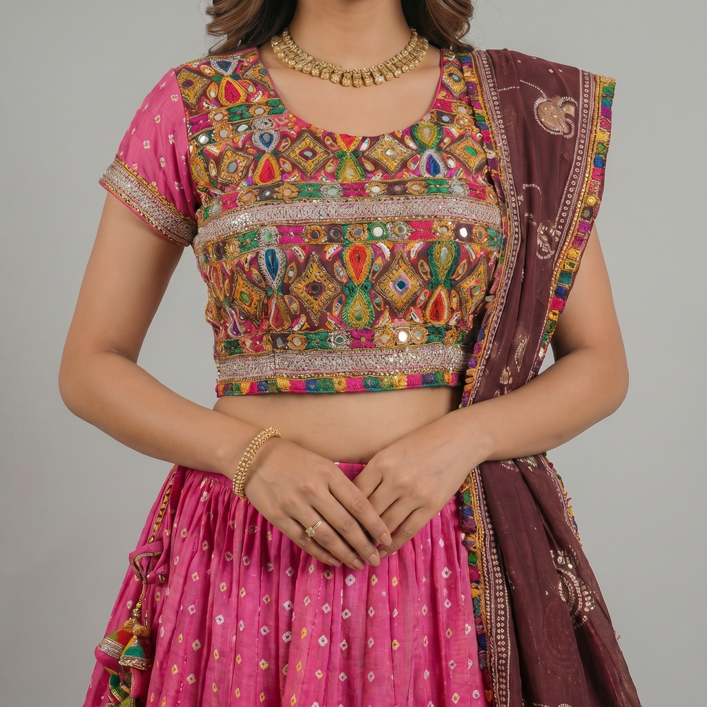 Rani Pink Embroidered Chaniya Choli with Contrast Dupatta