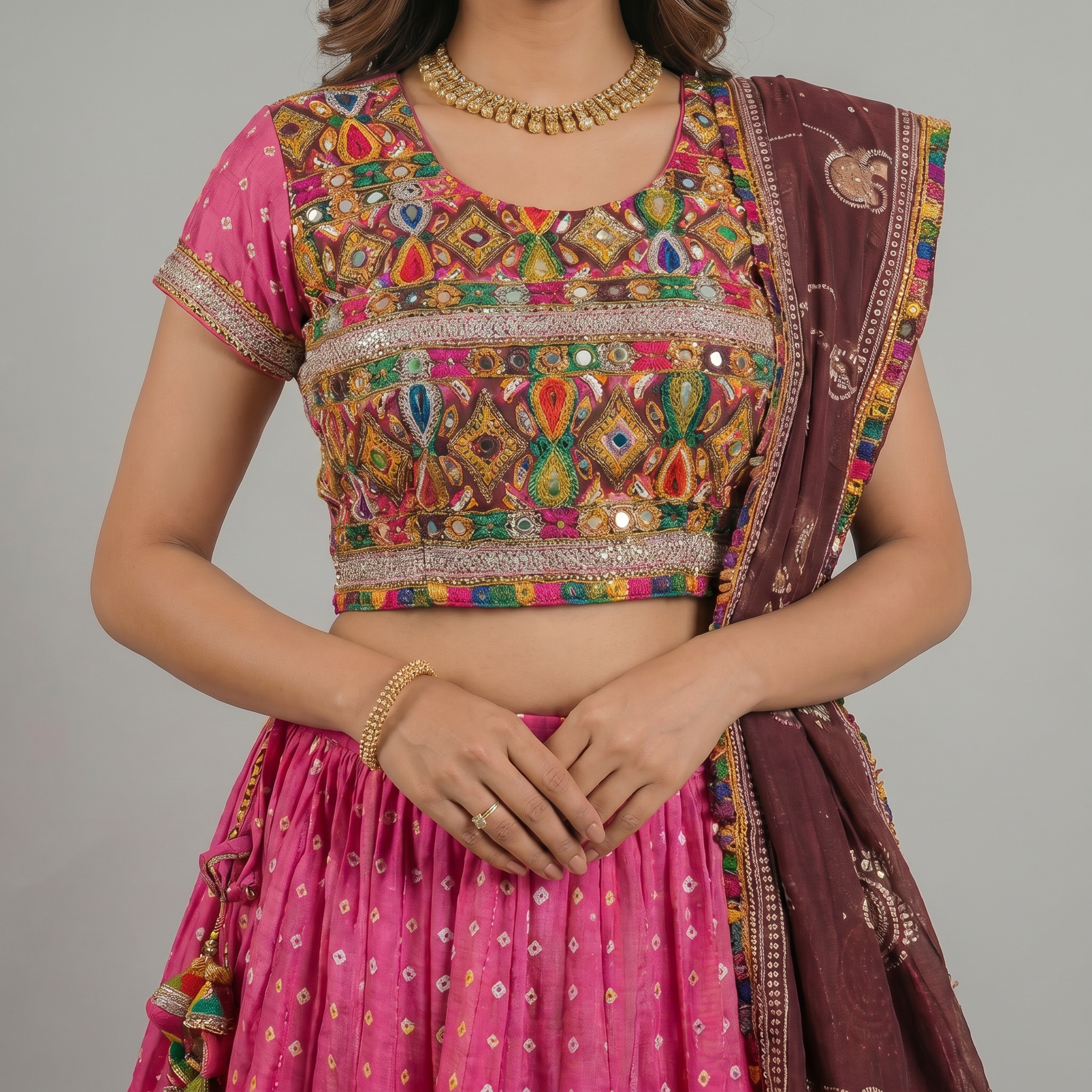 Rani Pink Embroidered Chaniya Choli with Contrast Dupatta