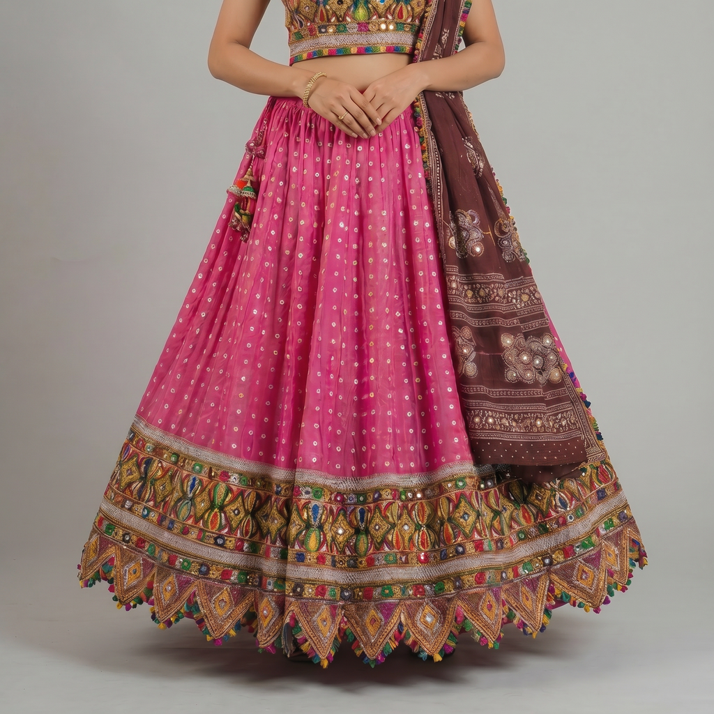 Rani Pink Embroidered Chaniya Choli with Contrast Dupatta
