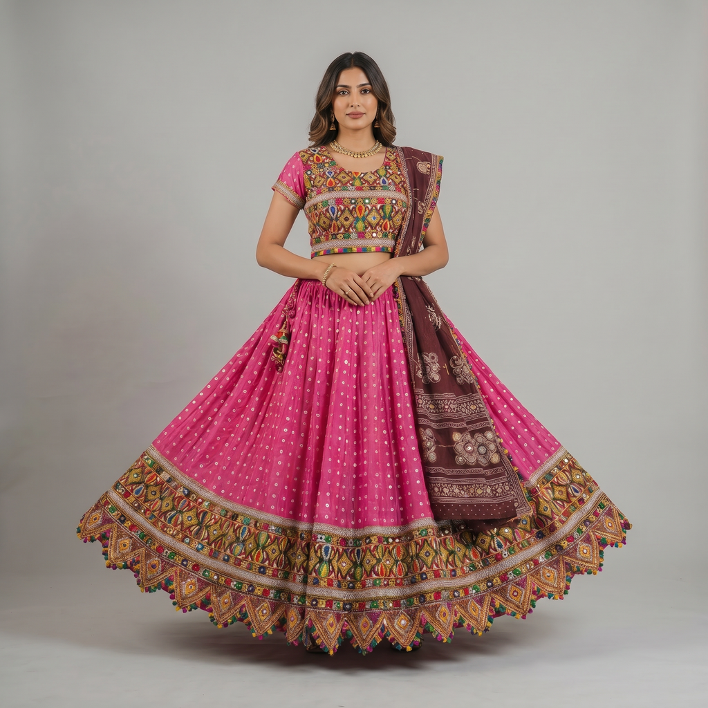 Rani Pink Embroidered Chaniya Choli with Contrast Dupatta