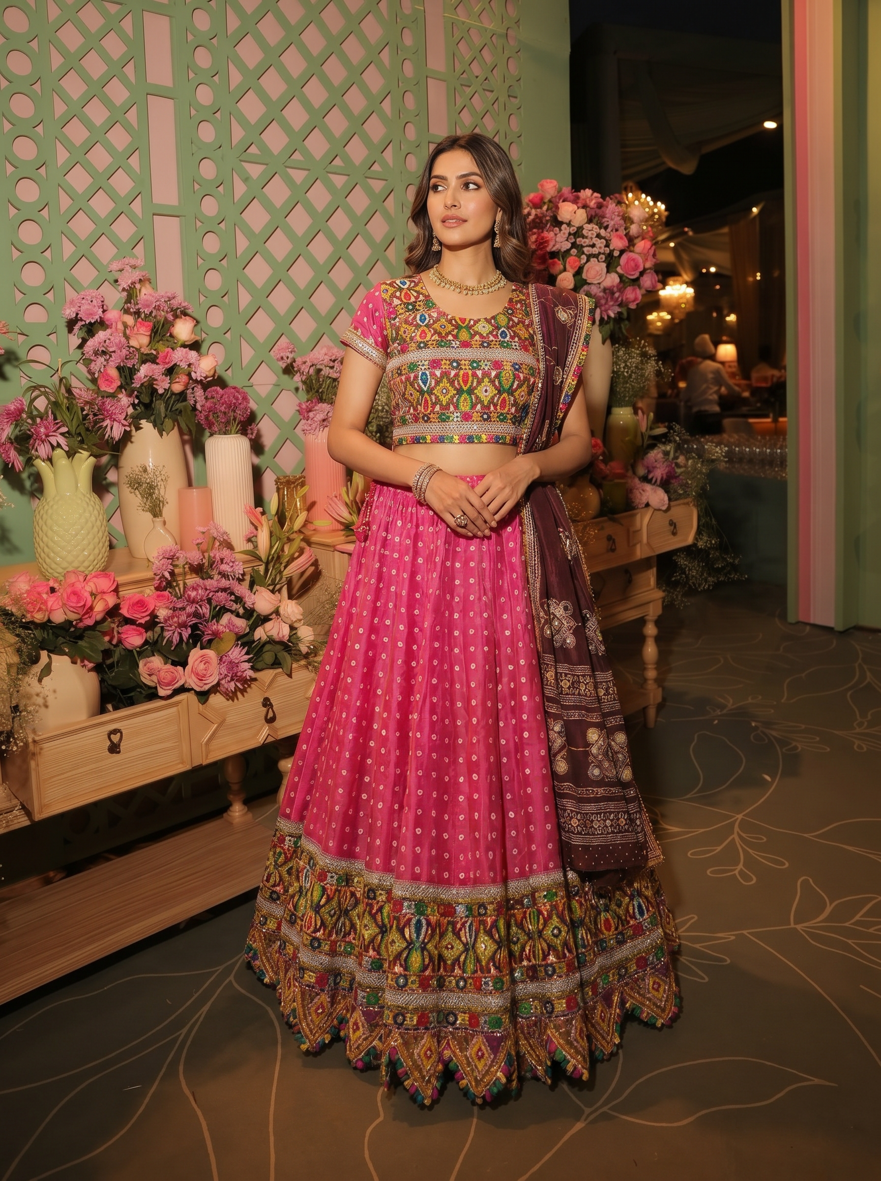 Rani Pink Embroidered Chaniya Choli with Contrast Dupatta