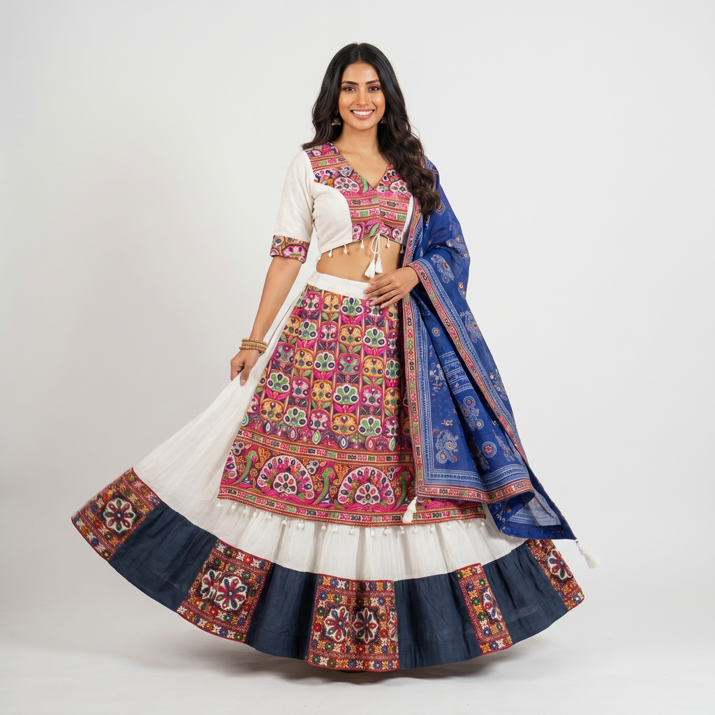 Vibrant Multicolor Embroidered Lehenga Choli with Navy Blue Dupatta
