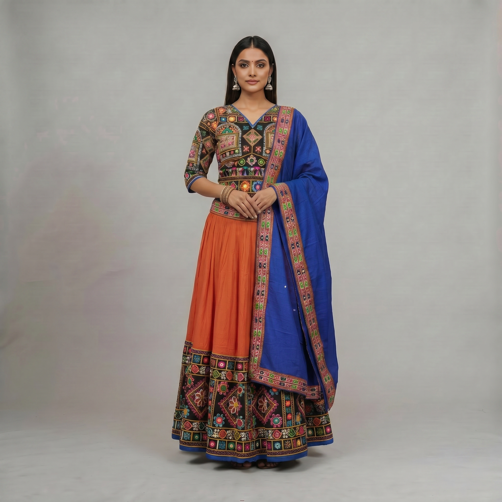 Multicolor Embroidered Chaniya Choli with Royal Blue Dupatta